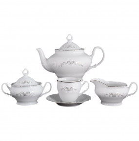 Чайный сервиз на 6 персон 15 предметов высокая чашка  Bohemia Porcelan Moritz Zdekauer 1810 s.r.o. "Лиана /Серый орнамент /отводка платина" / 087849