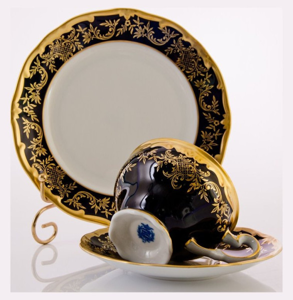 Набор десерный (чайная пара 210 мл, тарелка 19 см)  Weimar Porzellan &quot;Ювел /Синий с золотым узором&quot; подароч. упаковка / 049627