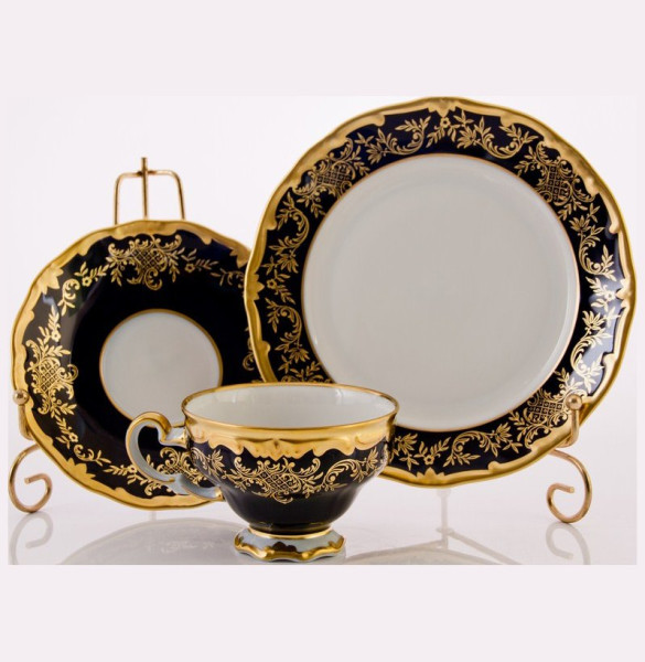 Набор десерный (чайная пара 210 мл, тарелка 19 см)  Weimar Porzellan &quot;Ювел /Синий с золотым узором&quot; подароч. упаковка / 049627
