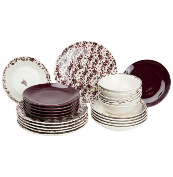 Набор тарелок 24 предмета на 6 персон  O.M.S. Collection &quot;TULU /С веточками&quot; комбинированный бордовый и белый / 296110