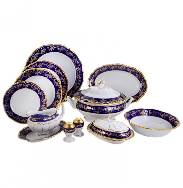 Столовый сервиз на 6 персон 25 предметов  Bavarian Porcelain &quot;Мария-Тереза /Барокко кобальт /Золотые листики&quot; / 119529