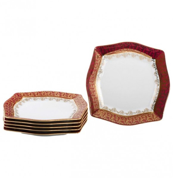 Набор тарелок 21,5 см 6 шт  Royal Czech Porcelain &quot;Львов /Красный /Золотые листики&quot; / 203391