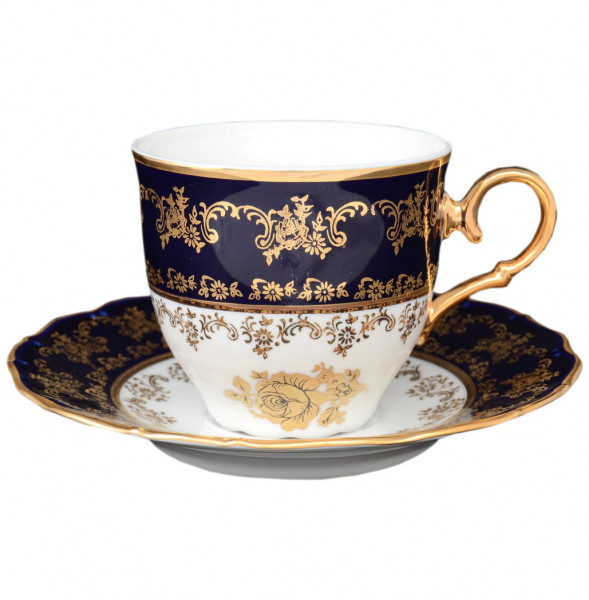 Набор чайных пар 220 мл 6 шт высокие  Bohemia Porcelan Moritz Zdekauer 1810 s.r.o. &quot;Офелия /Золотые розы /Кобальт&quot; / 035922